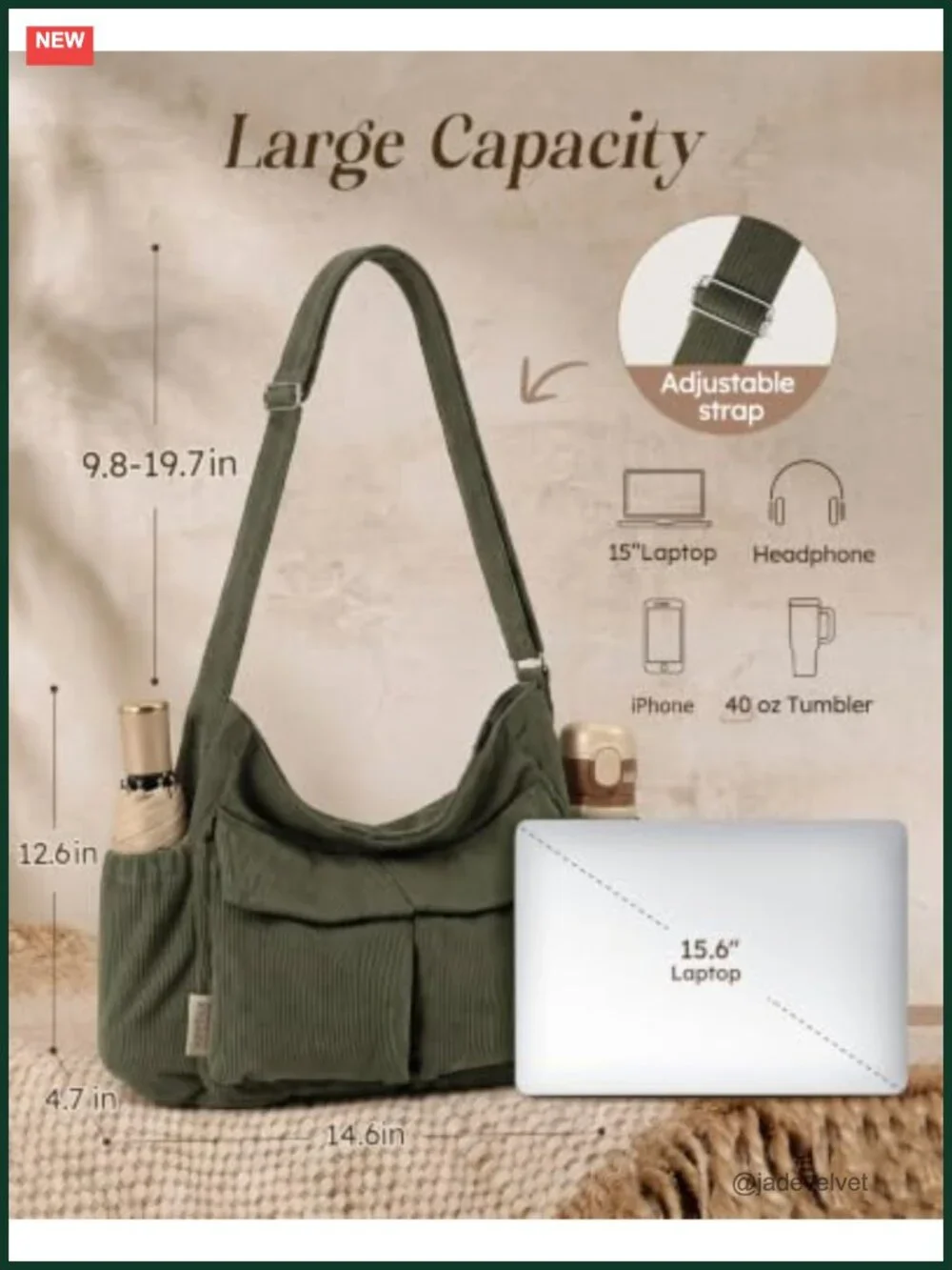 Corduroy Messenger Hobo Bag Crossbody Tote with Adjustable Strap